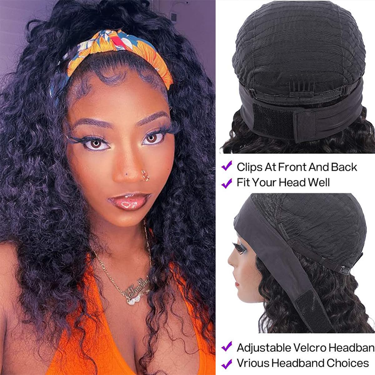 Short Headband Wigs Human Hair Water Wave Wig for Women, Glueless Curly Weave Wigs 100% Unprocessed Hair None Lace Front Wigs 150% Density Brazilian Hair Natural Black Headband Wig 14 Inch