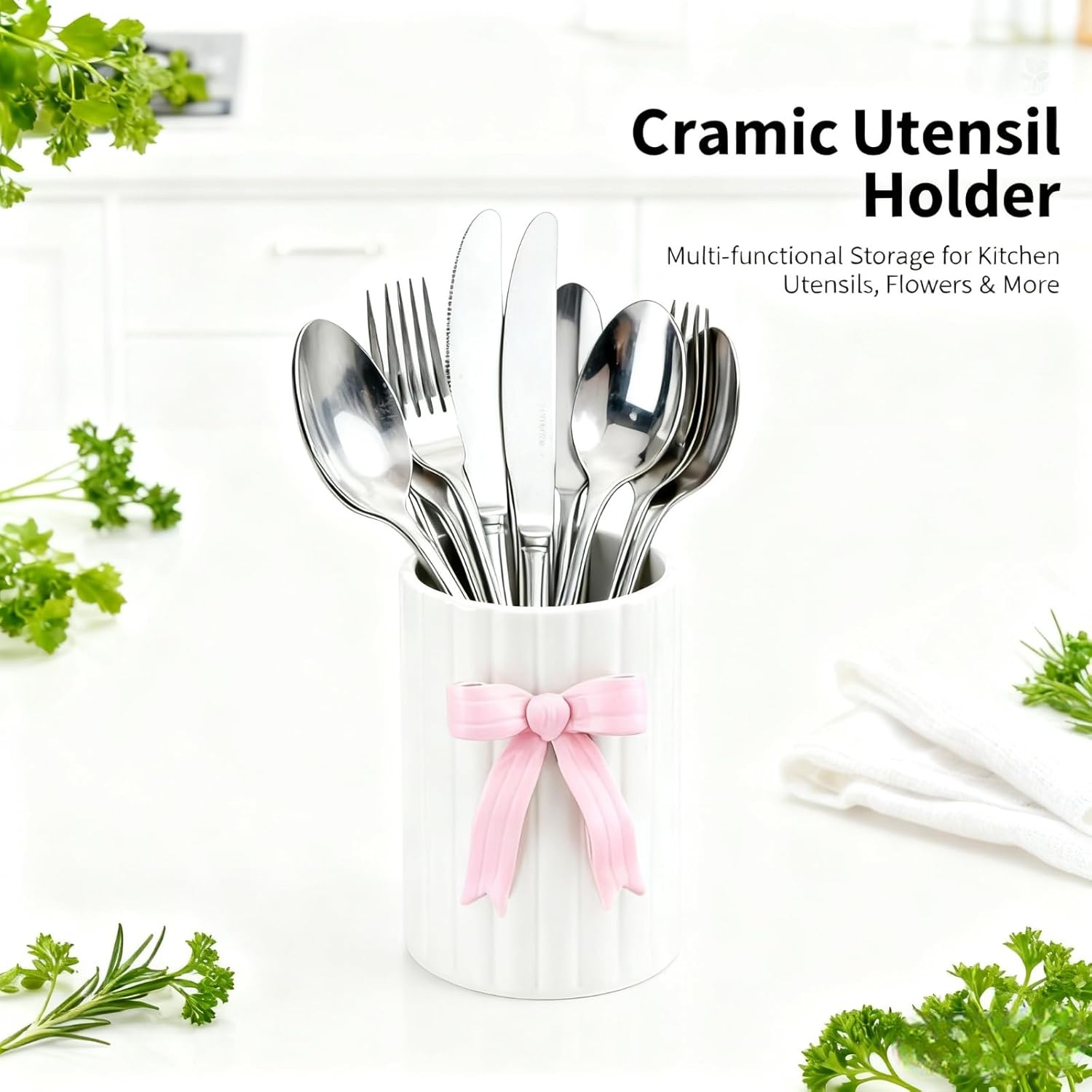 Handmade Pink Bow Ceramic Utensil Holder, 3D Coquette Cooking Utensil Crock for Kitchen Counter, Preppy Storage Caddy Organizer Vase Decor for Kitchen Countertop