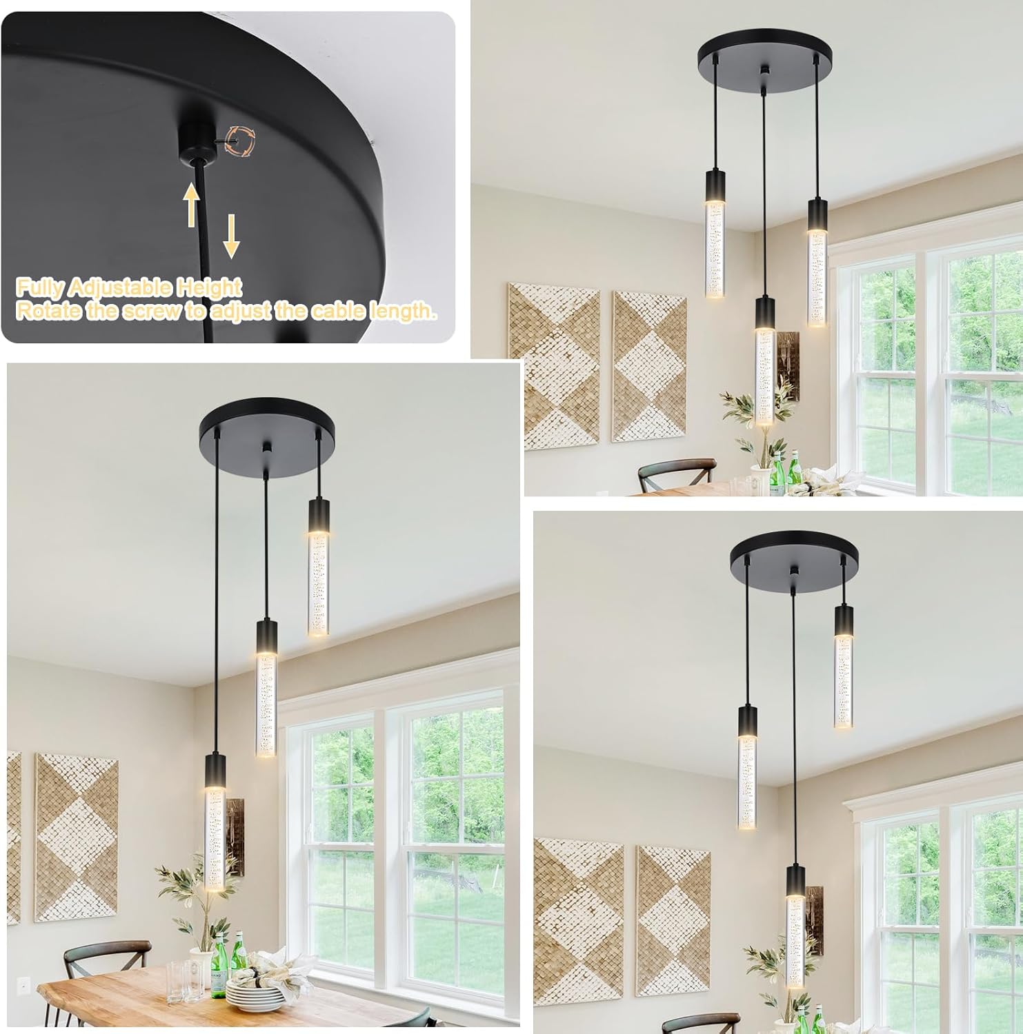 3-Light Black LED Pendant Light Fixture, Modern Crystal Bubble Hanging Ceiling Chandelier with Height Adjustable & 5-Color Temperature (3000-6000K) for Kitchen Island Pool Table