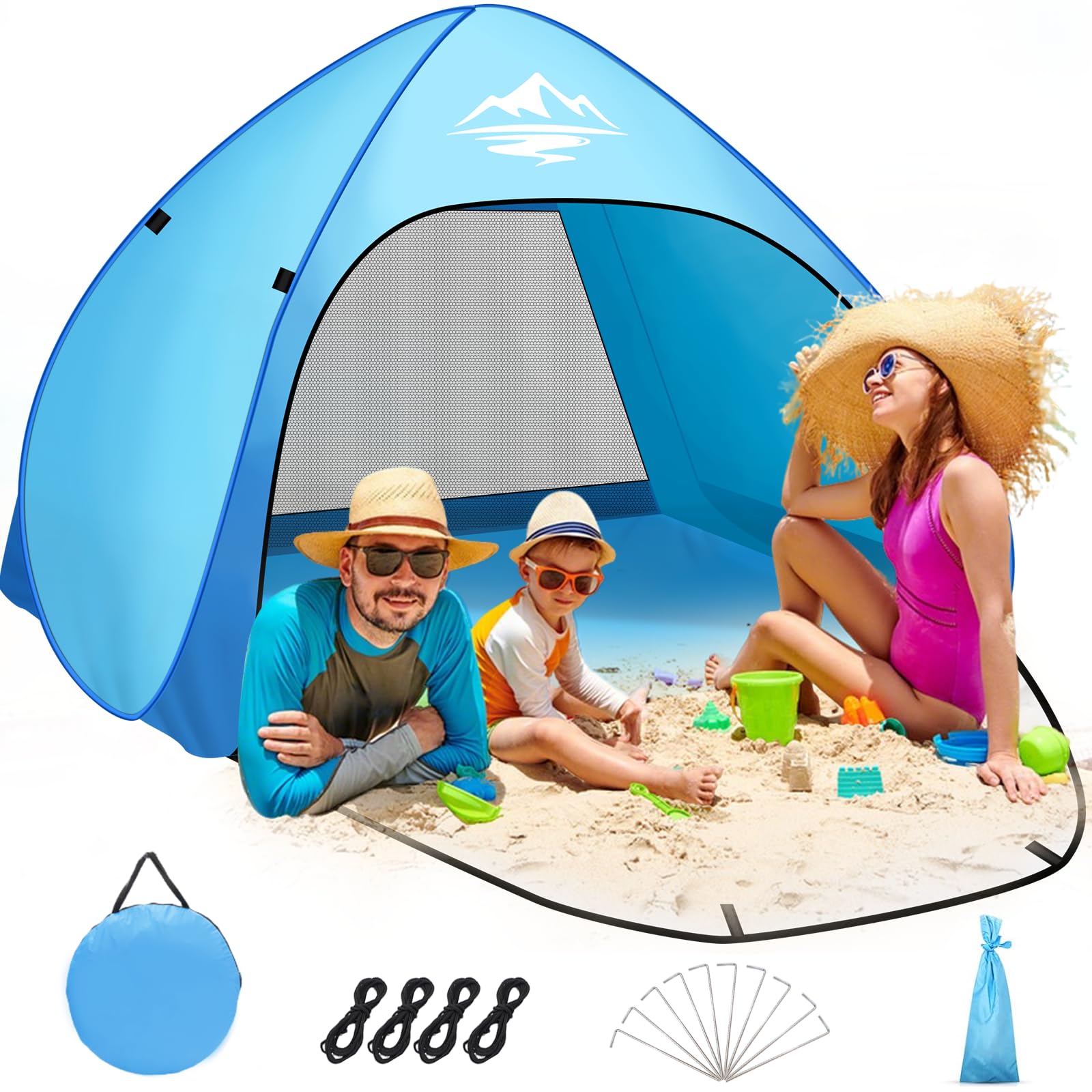 Beach Tent Pop Up for 3-4 Persons, UV Protection Beach Sun Shelter Baby Beach Tent, Lightweight Portable Automatic Instant Sun Shade Outdoor Tents with Zipper Door, Garden, Picnic