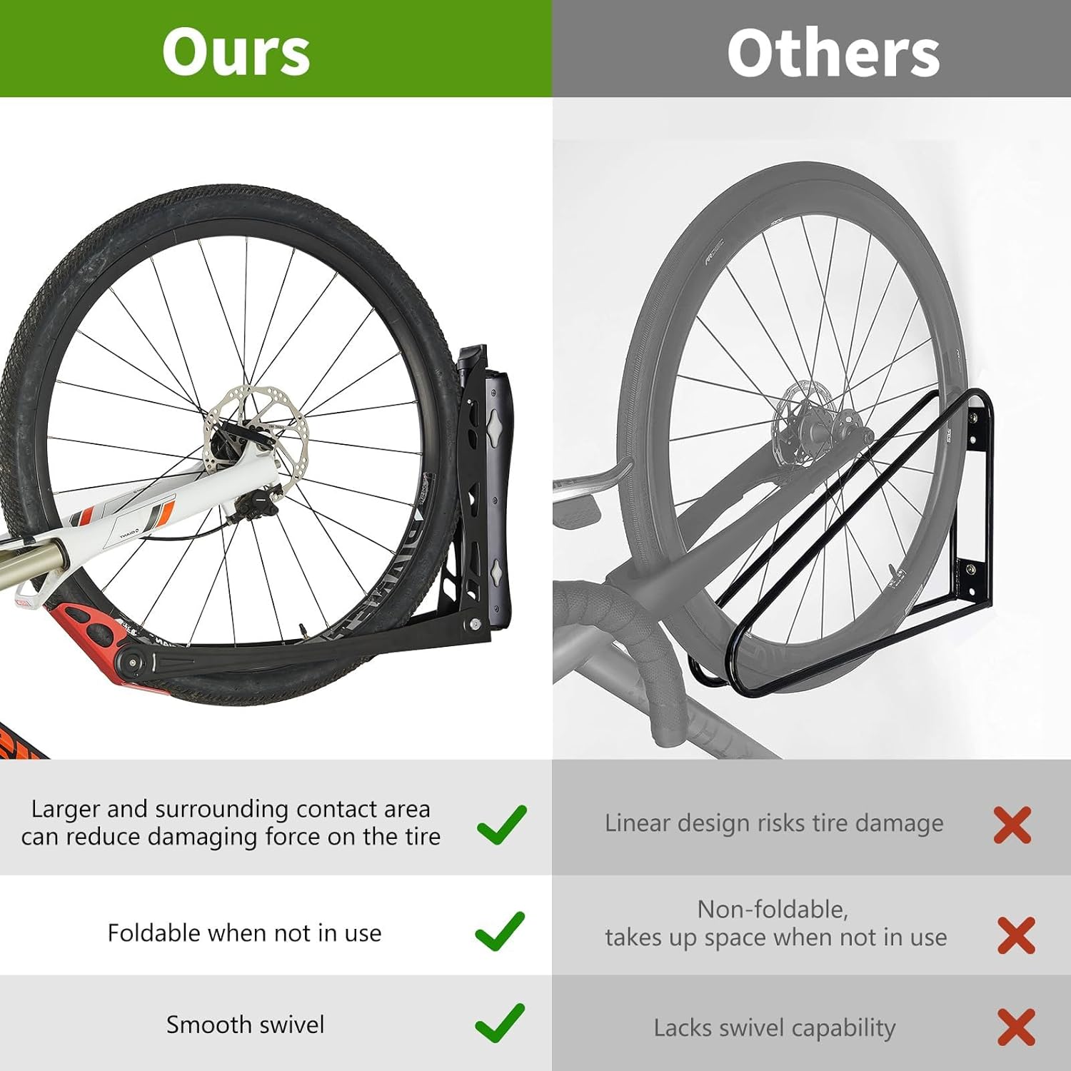 Swivel Bike Racks, No Lifting Wall Mounted Bike Storage Solution for Home, Garage Bike Hanger, Vertical Bike Wall Hangers