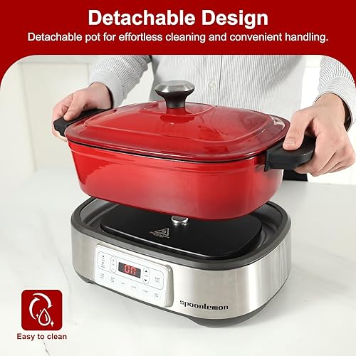 Miniatura 7 de Horno holandés eléctrico, olla de hierro fundido esmaltado de 5.8 cuartos de galón, calentamiento rápido de 1250 W, 6 funciones preestablecidas,