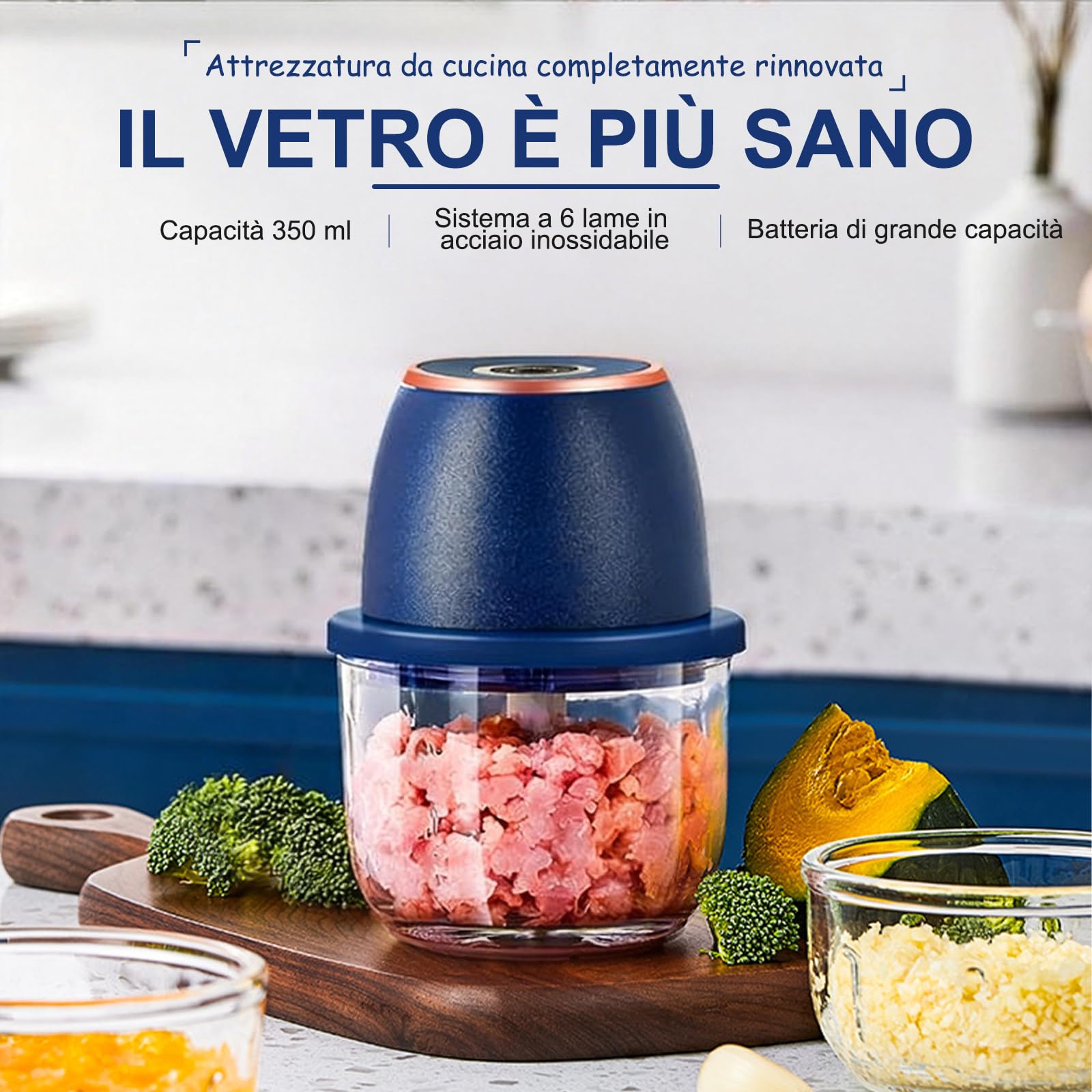 Tritatutto cipolla, tritatutto cucina, 350 ml, 6 lame in acciaio inox, con cavo di ricarica di tipo C per la cucina domestica e per le gite in campeggio, adatto per tritare carne, cipolle, peperoni