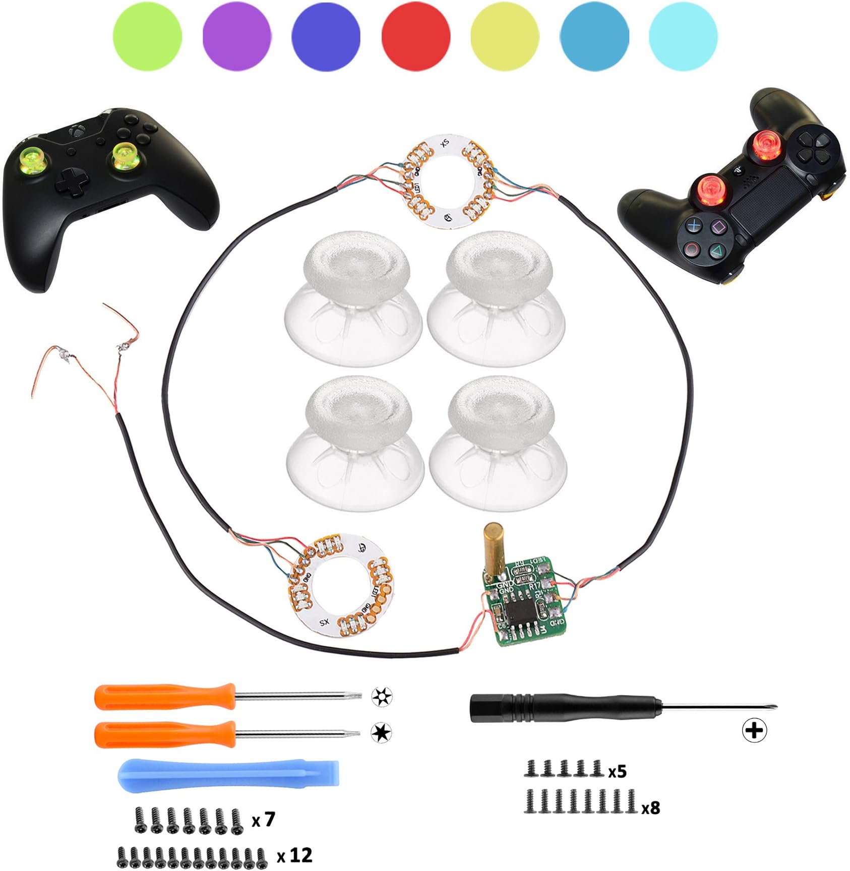 Transparent Analog DIY LED Light Thumb Sticks Mod Clear Thumbsticks for PS4 Xbox One Controller 7 Colors Repair Tools