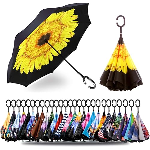 SIEPASA 49/56 Inch Inverted Reverse Upside Down Umbrella, Extra Large Double Canopy Vented Windproof Waterproof Stick Golf Umbrellas with C-shape Handle.
