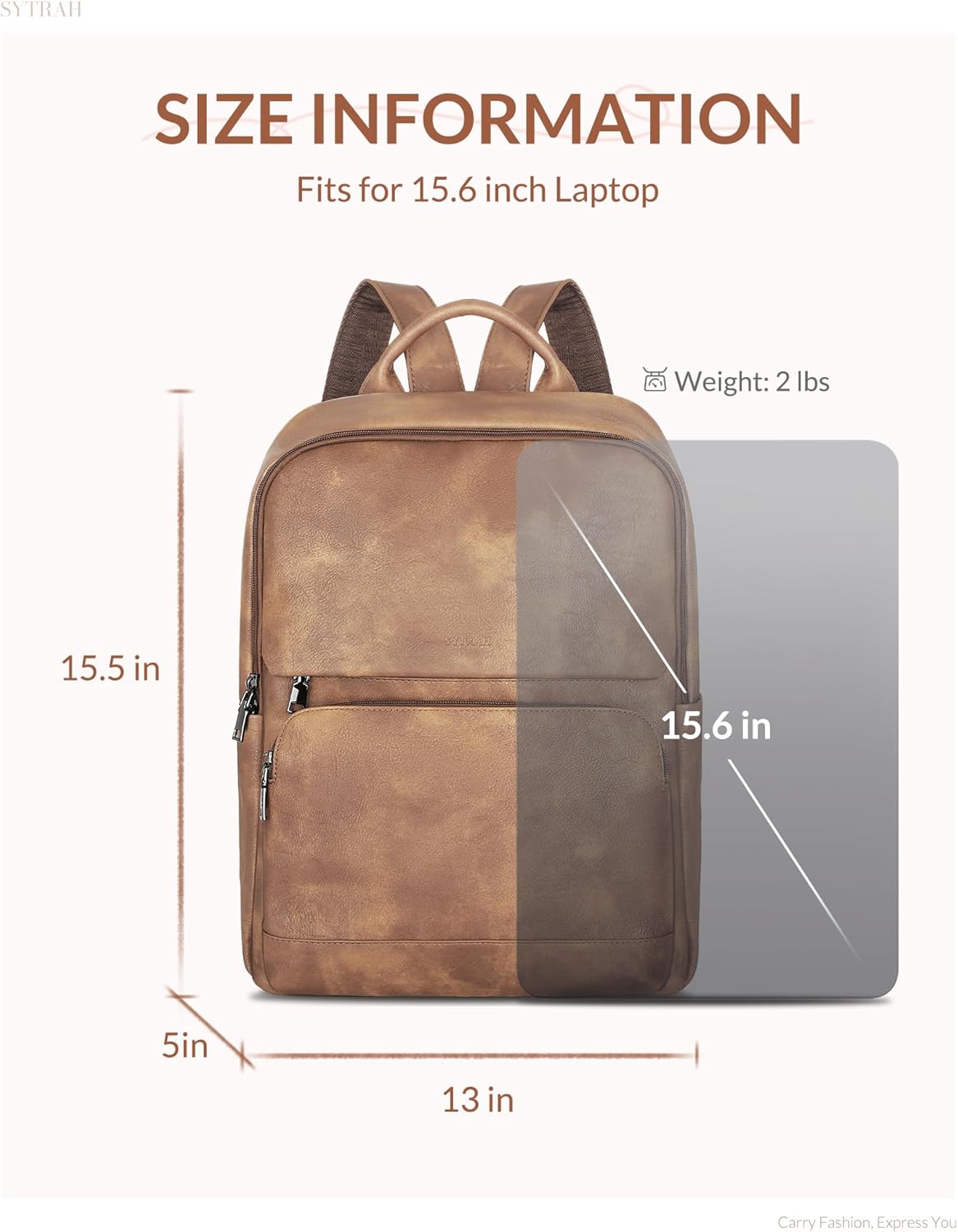 Leather Backpack for Women, Vintage 15.6 inch Laptop Backpack Purse for Women, College Casual Backpacks Ladies Computer Bags for Travel Business Work Camel - Image 3