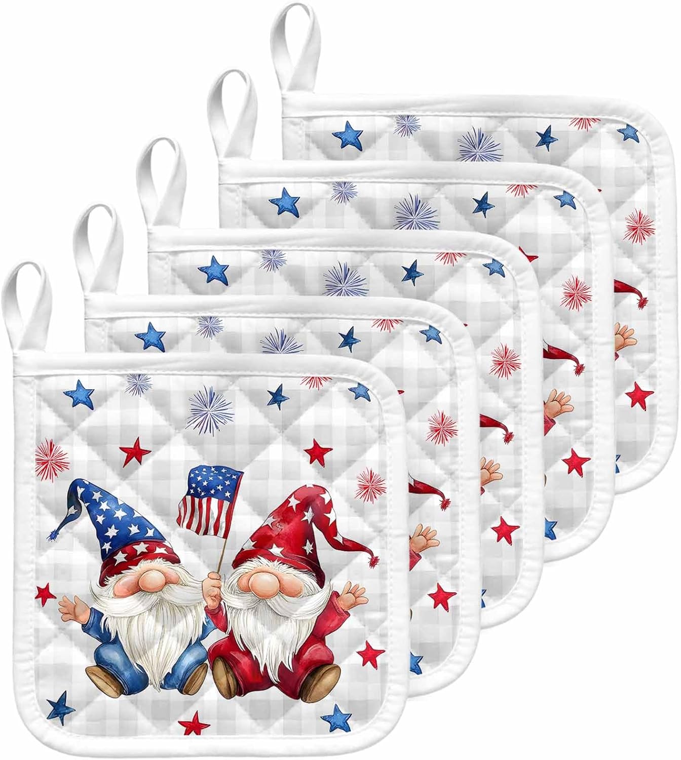 5 Pack Pot Holders for Kitchen, Independence Day Hot Pads for Kitchen Countertops Oven Pot Holder Bulk, Modern Gnomes Star Grey Checkered Heat Insulation Potholders with Hanging Loops