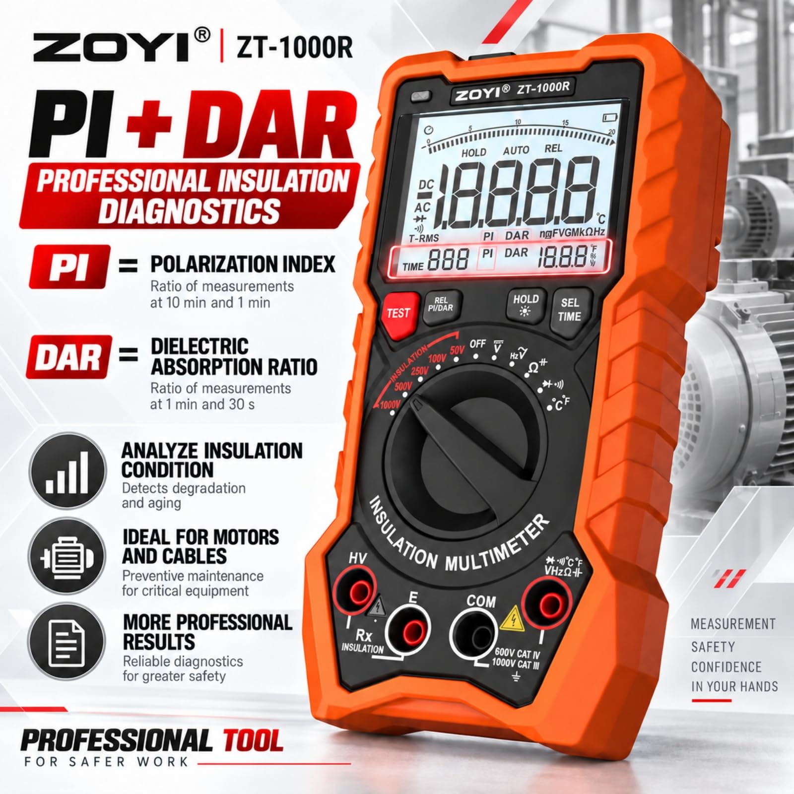 ZOYI ZT-1000R 2 in 1 Megohmmeter Multimeter, 50V/100V/250V/500V/1000V 5 Gear with DAR&PI, Insulation Resistance up to 20GΩ, 19999 Counts Auto Range T-RMS, V,Ω,C,FREQ,Temp, Diode,Continuity Tester — Amazon image 3