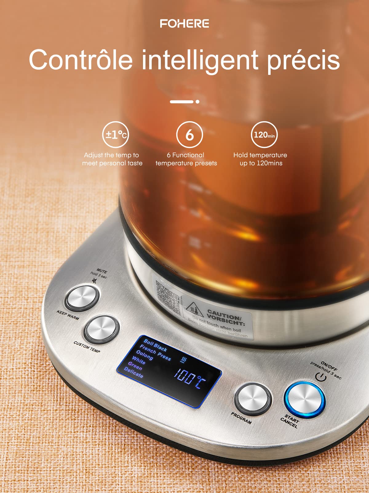 FOHERE Bouilloire électrique en Verre, Théière Electrique Température Réglable 2200w, Fonction de Maintien au Chaud 120 Mins, Infuseur à thé Amovible, 1.7L