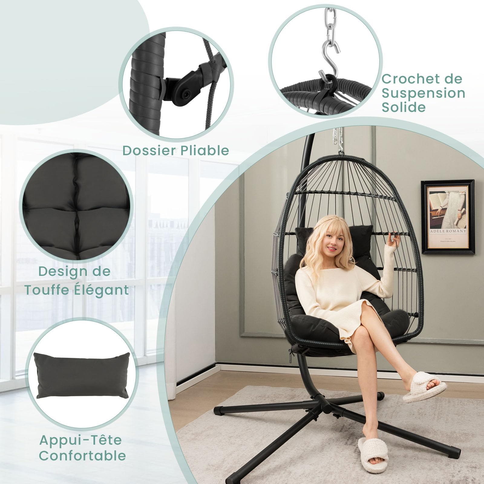 GOPLUS - Sillón colgante de huevo, silla columpio con almohada y cojín suave, silla colgante de ratán PE, diseño plegable para interior, exterior, dormitorio, terraza, jardín, capacidad 150 kg