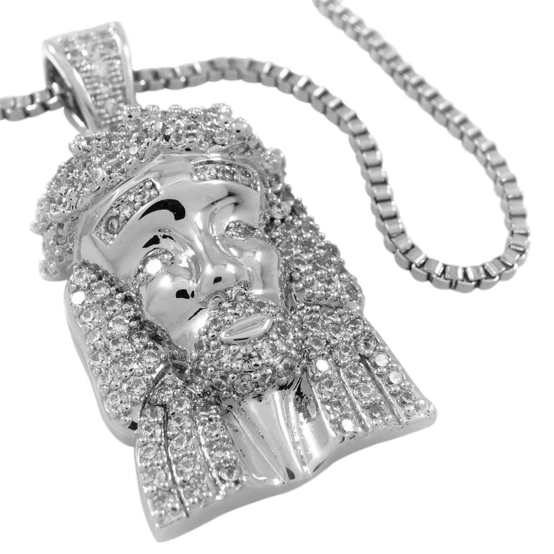 NIV'S BLING - Mini Jesus Pendant Iced with Black/Clear Cubic Zirconia and Free 30 Inch Box Chain | 18K White Gold Plated Pendant and Necklace Hip Hop Jewelry