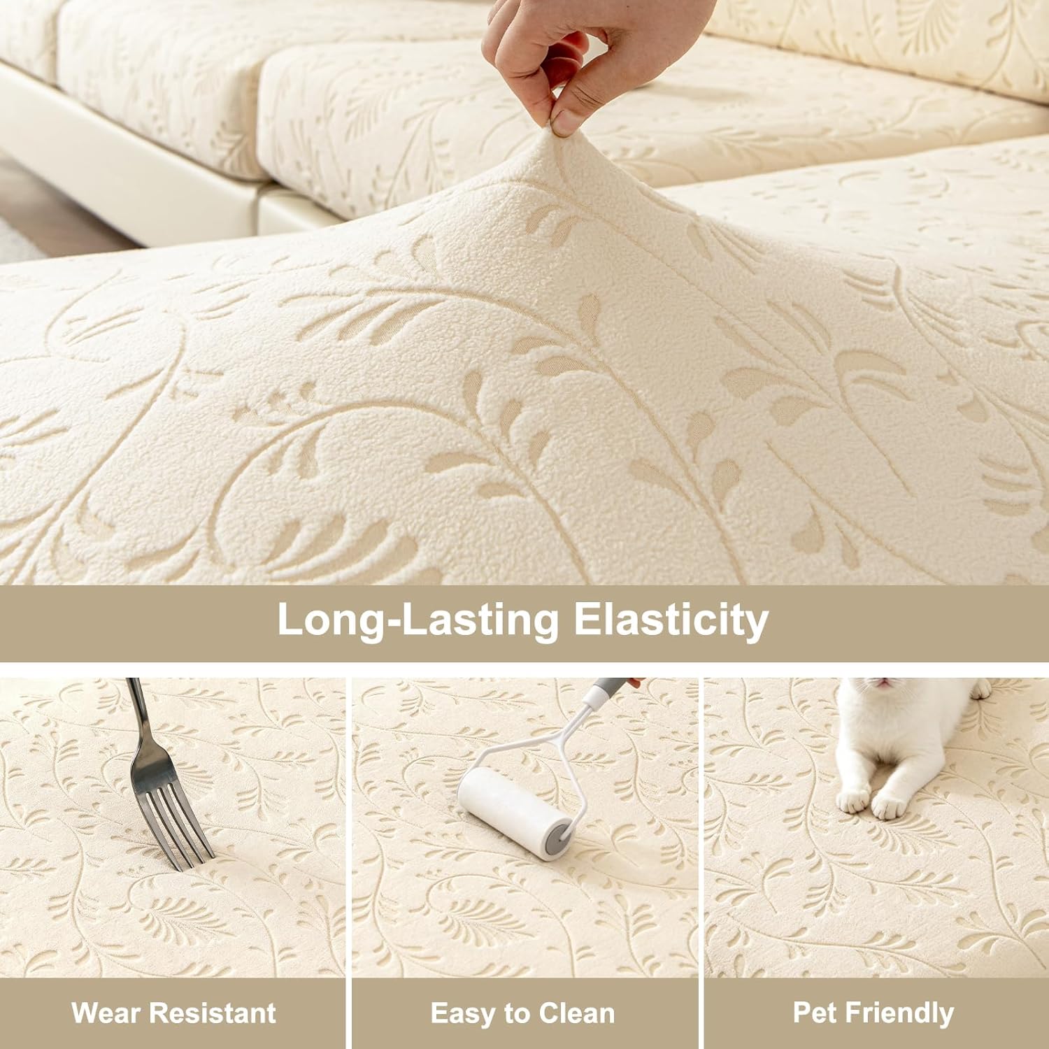 VOGOL Ivory Sofa Cushion Skin, Raised Leaf Polar Fleece Furniture Guard, Thick Opaque Couch Cover, Single Piece Embossed 3D Pattern Decor for Home, 25" x 53", 1 Piece