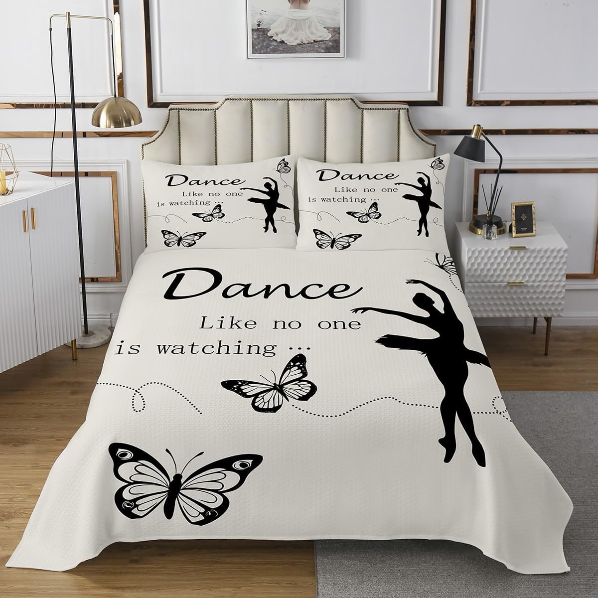 3 Piece Dance Art Quilt Bedding Set Women Aldult Lightweight Bedding Ballet Girl Bedspread Set Butterfly Bedspread Coverlet Soft Microfiber Home Quilt Set for King Bed All Season