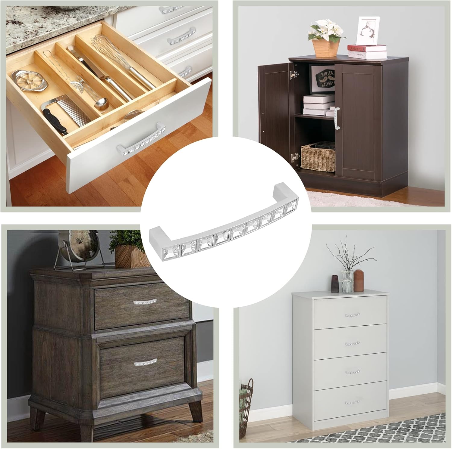 Bivethoi 10 Pcs Crystal Drawer Pulls, Rhinestone Handles, Silver Zinc Alloy Cabinet Handles for Kitchen Cupboard Bedroom,96mm / 3.78" (Hole Centers)