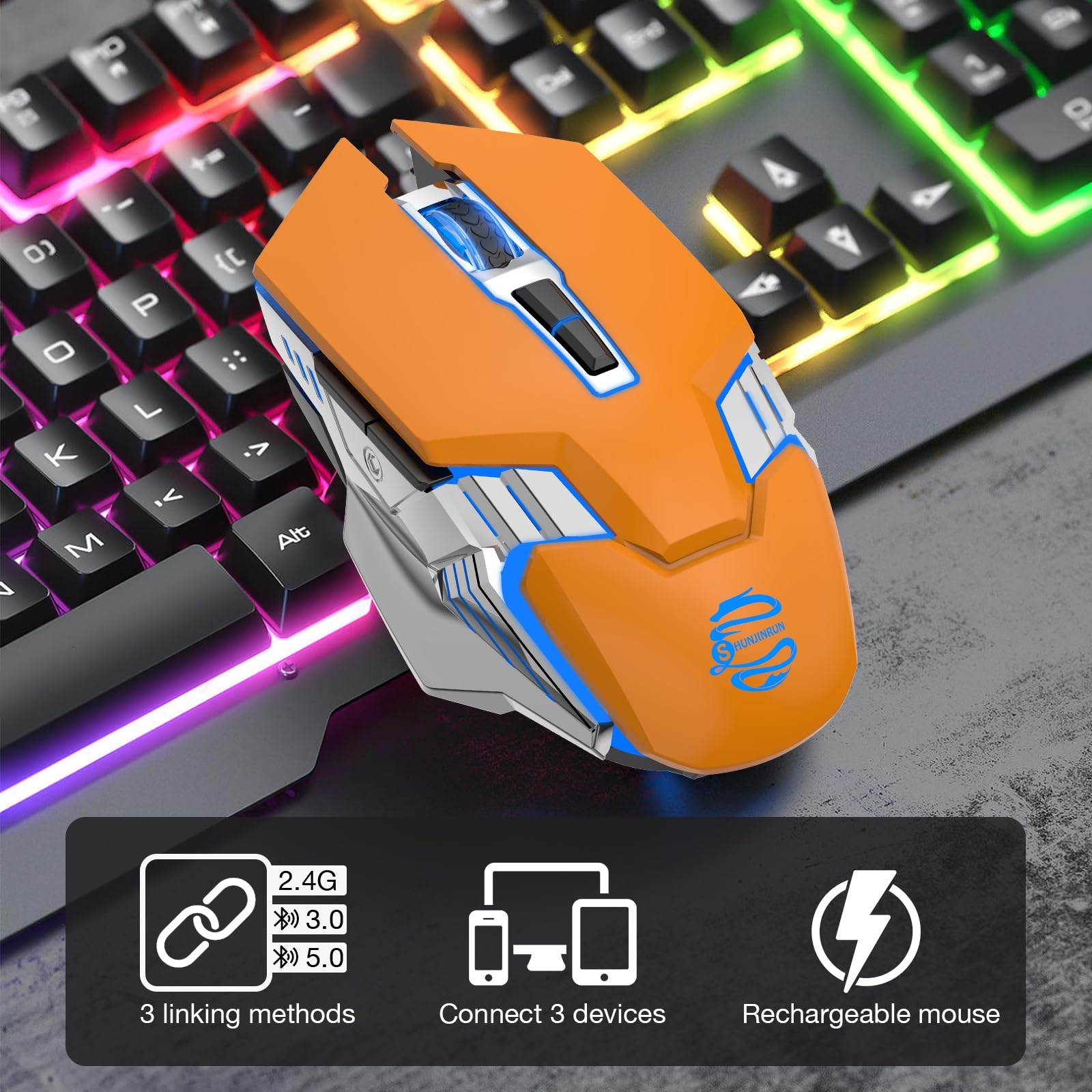 Ratón inalámbrico Bluetooth para juegos, 2400 DPI, retroiluminación RGB, mouse inalámbrico recargable para computadora portátil, PC, Mac, MacBook Air/Pro, iPad, Chromebook, Office Gamer