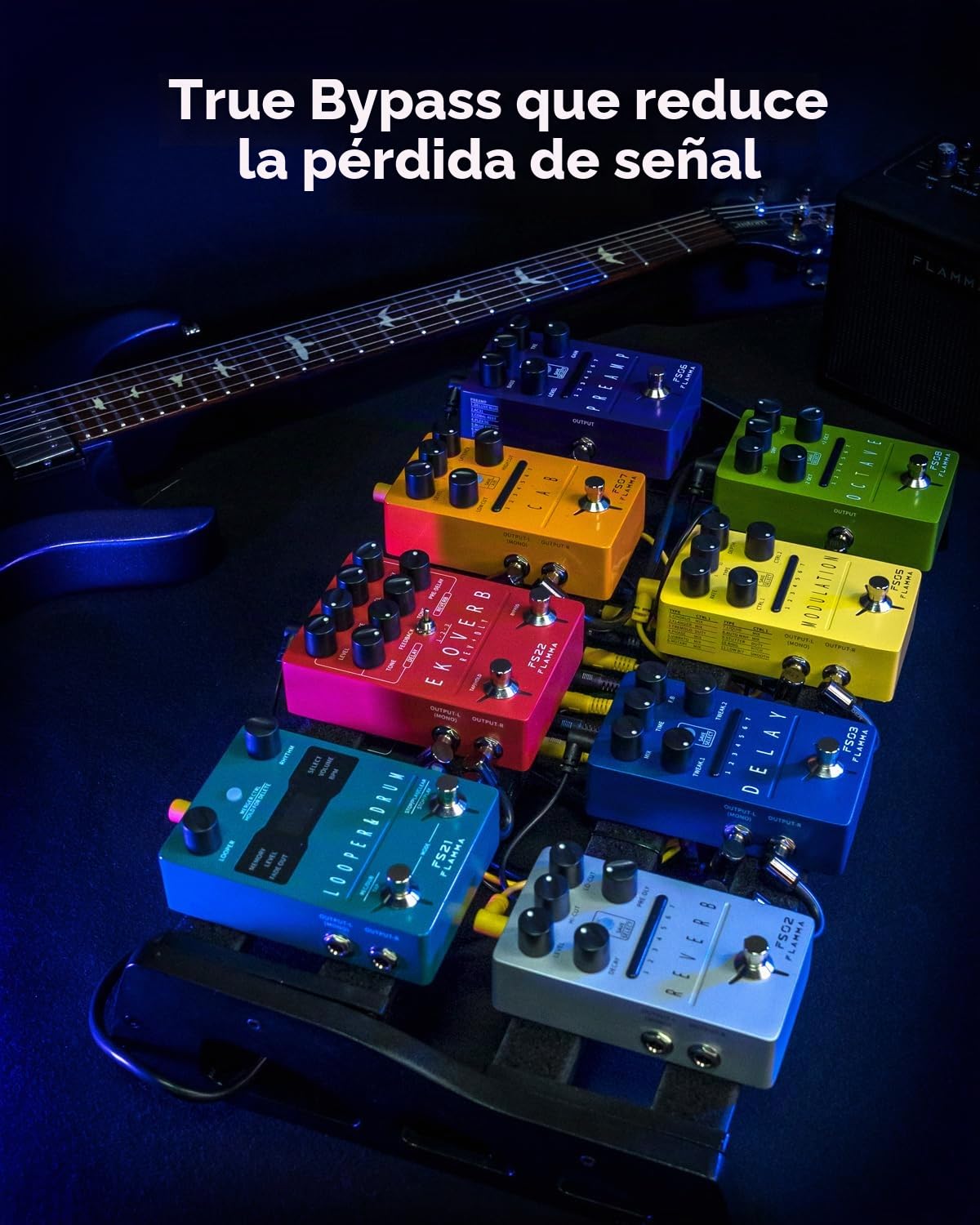 FLAMMA FS05 - Pedal de modulación múltiple para guitarra eléctrica, pedal de efectos estéreo con 7 ranuras almacenables, 11 efectos de modulación, True Bypass