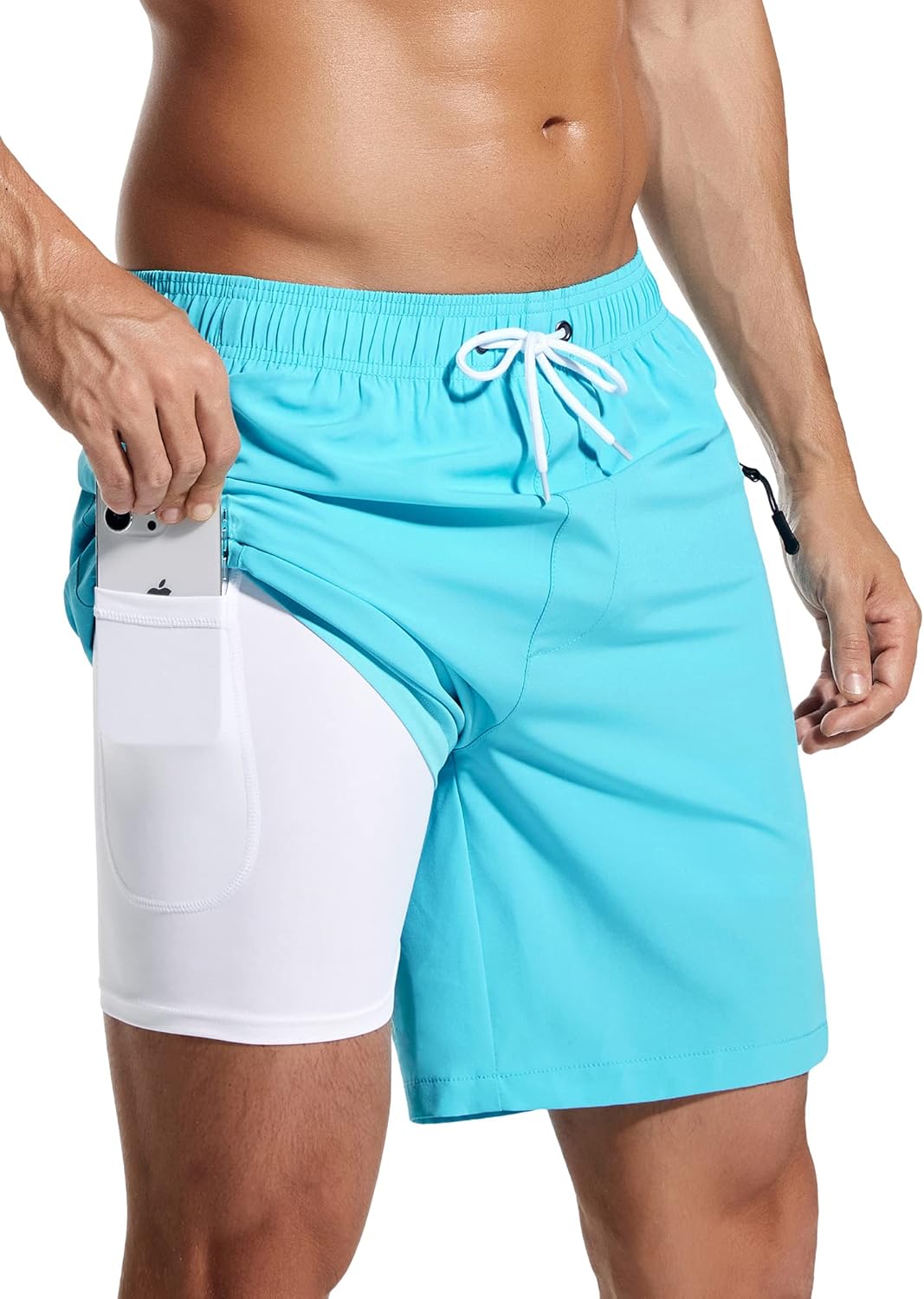 SILKWORLD 7 Inch Mens Swim Trunks with Compression Liner Quick-Dry Bathing Suit with Zipper Pockets 7inch/Light Blue Medium image 2 of 5 B0BZ7L3VJY