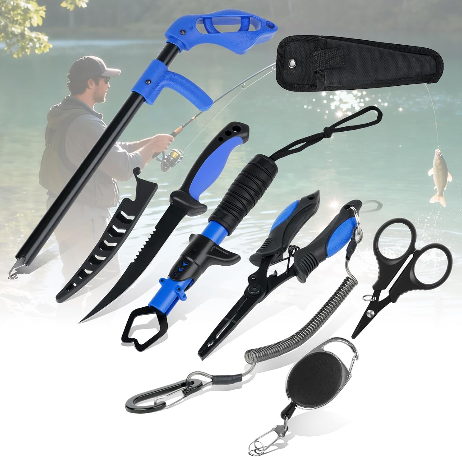 RAWILL Fishing Kit,Fishing Pliers with Lanyard,Fillet Knife,Fish Lip Gripper,Hook Remover, Scissors with Bungee Cords,As A Gift for Anglers