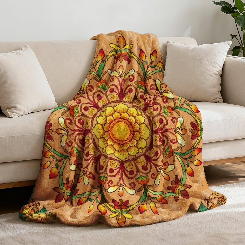 GLOBLELAND Boho Mandala Flowers Throw 59x51 inch Vintage Floral Soft Flannel Blanket Orange Yellow Washable Fuzzy Throw Blanket for Couch Chair Sofa Bed Dorm Bedroom Home