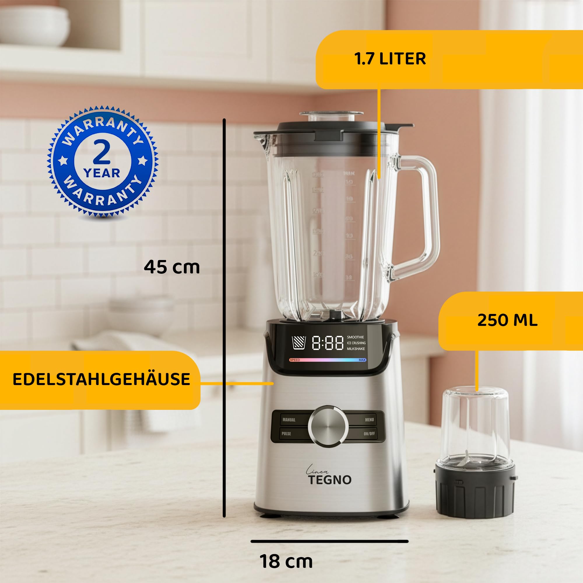 Power Blender - Linea Tegno – Profi Standmixer & Smoothie Maker – 1400W Hochleistungsmixer mit 1,7L Glasbehälter, LED-Display & 250ml Kaffeemühle – Edelstahl