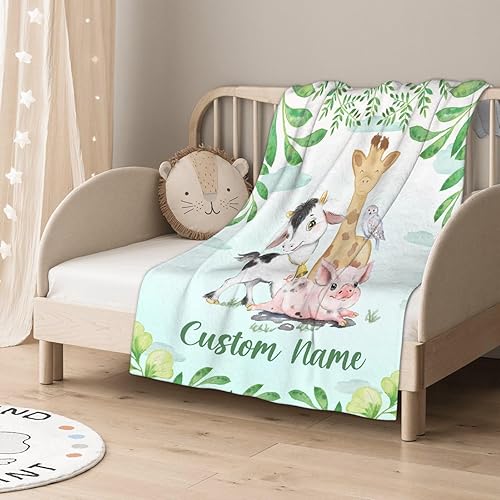 Miniatura 375 de Manta personalizada con diseño de jirafa y elefante, manta de franela suave, acogedora y ligera con nombre para sofá, cama, sofá, regalo, unisex