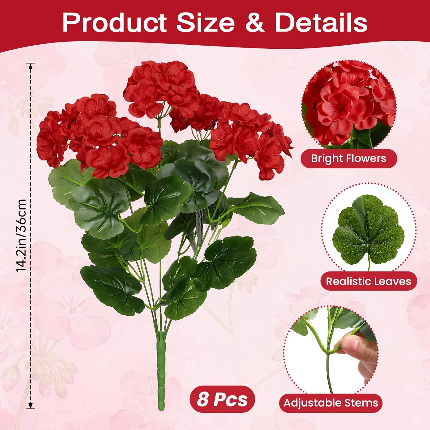 Alupssuc 8Pcs Artificial Geranium Flowers for Outdoors Decoration Silk Floral, UV Resistant Fake Plants, Faux Flower for Porch Garden Table Centerpieces Home Indoor Outside Spring Decor(8, Red)