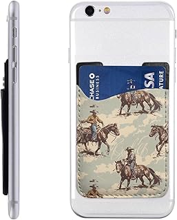 Phone Wallet Stick On, Cell Phone Card Holder Pocket for Back Vintage Cowboys Rodeo Men Horse Western Adhesive Credit Card Holder Non-Slip of Phone Case for All Smartphones, Fit 4 Cards