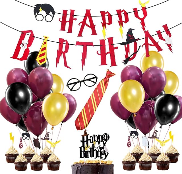 Wizard Birthday Decorations 58Pcs, Happy Birthday Banner, Wizard Balloons & Glasses, Cake & Cupcake Toppers, Striped Tie for Wizard Themed Party Supplies