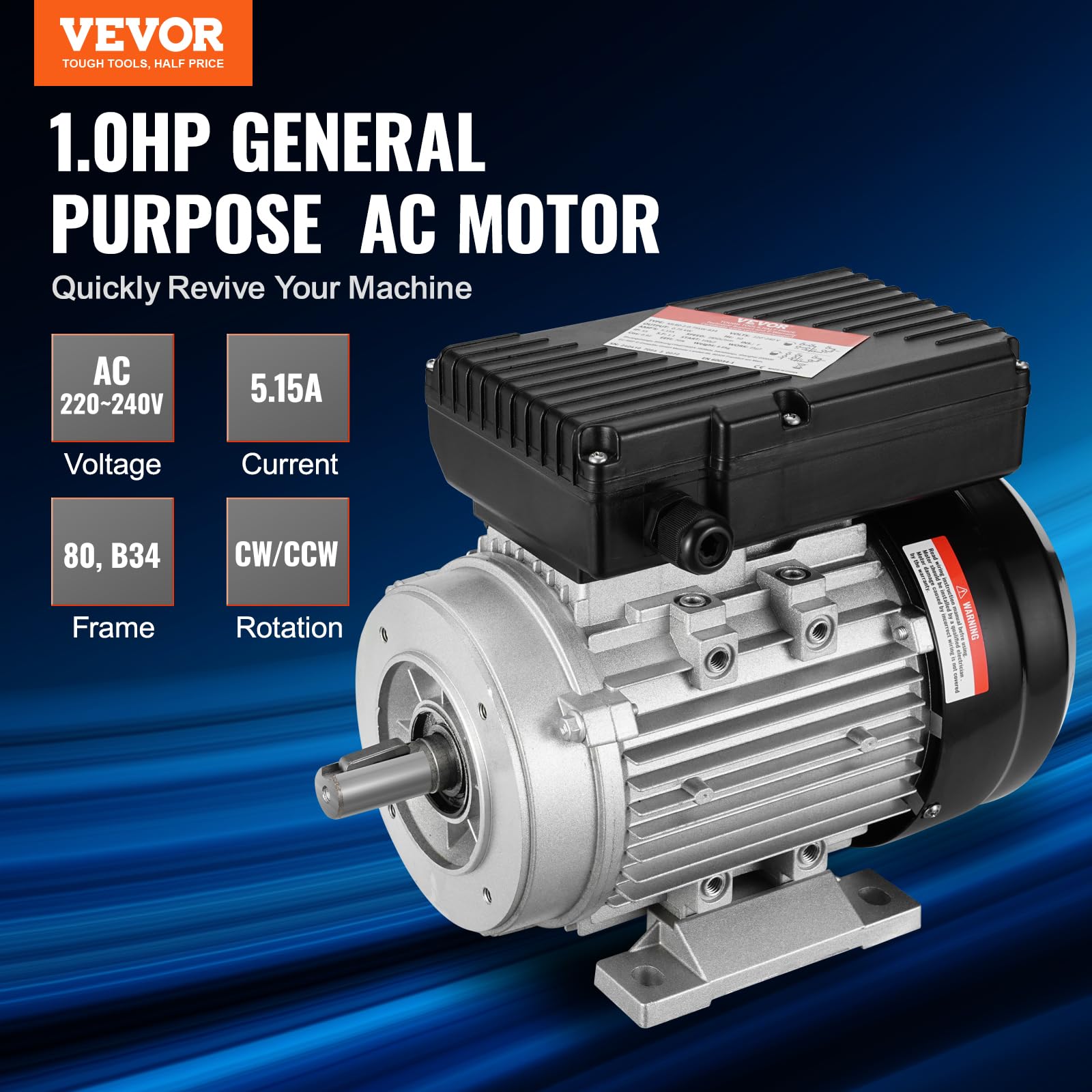 VEVOR Silnik AC 0,75 kW 2850 obr./min AC 220-240 V 5,15 A 80 B34 silnik sprężarki powietrza rama 1 faza 19 mm wał wielowypustowy zgodnie z ruchem wskazówek zegara przeciwnie do ruchu wskazówek zegara