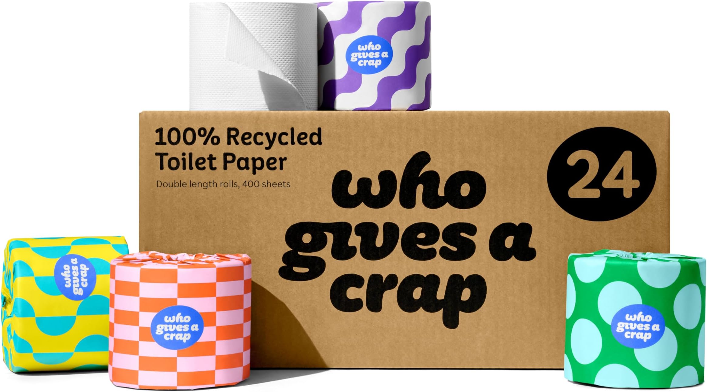 100% Recycled, Twice as Long, Toilet Roll, Box of 24 (3-Ply, 400 Sheets-10x10cm) - Soft, Strong, Sustainable