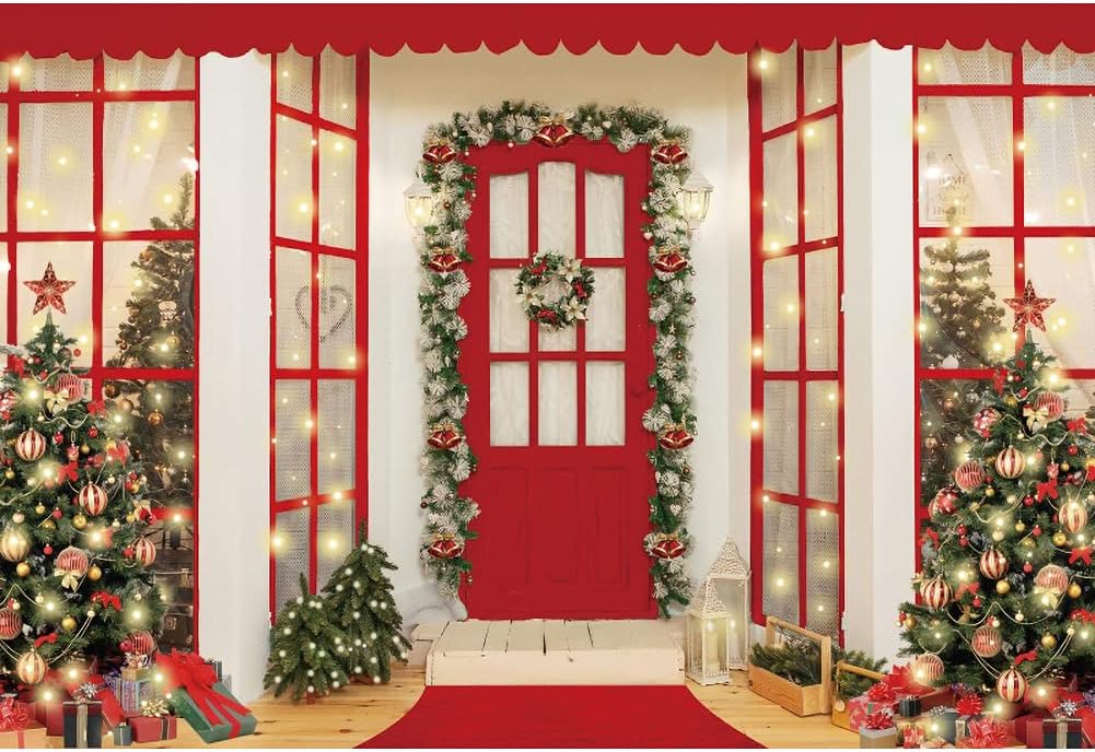 10x8ft Christmas Day Party Backdrop Fabric Red Door Mistletoe Wreaths Photography Background Xmas Eve Glitter Bokeh Party Backdrop Christmas Trees Banner Gifts Table Decoration Family Supplies...