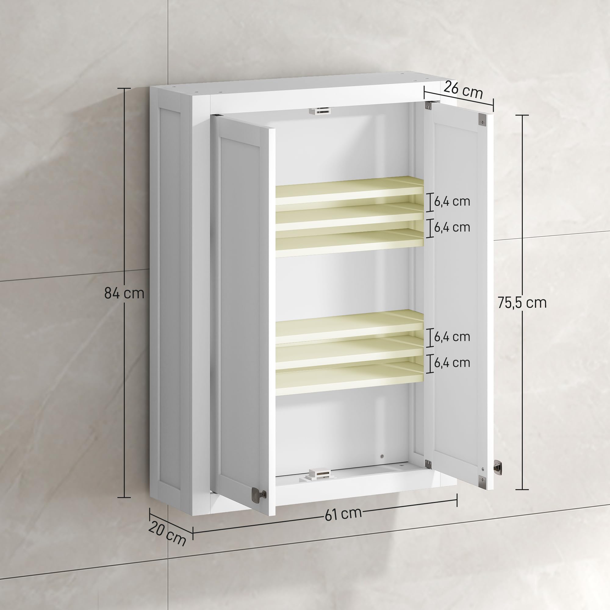 HOMCOM Armoire Murale de Salle de Bain 3 Niveaux, Meuble de Rangement Suspendu pour Salle de Bains avec 2 Portes et étagère réglable, Meuble WC Suspendu, 61 x 20 x 84 cm, Blanc