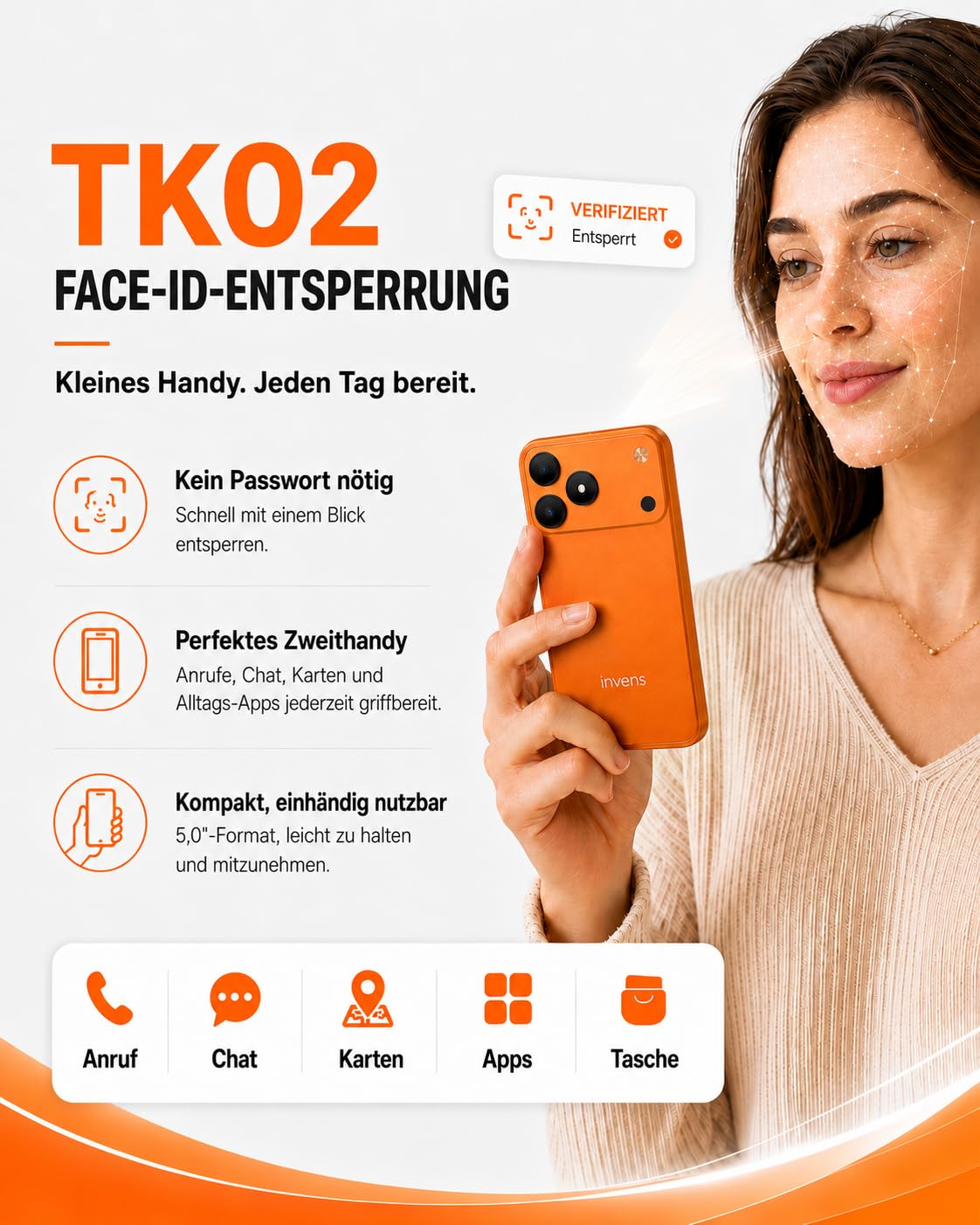 invens TK02 Smartphone Ohne Vertrag Günstig, Android 16 Go Handy, 5,0 Zoll, 9GB RAM (3+6) + 32GB ROM, 4G LTE, Dual SIM + TF 256GB, 8MP + 5MP Kamera, Abnehmbarer Akku, USB-C, 3,5 mm, Orange