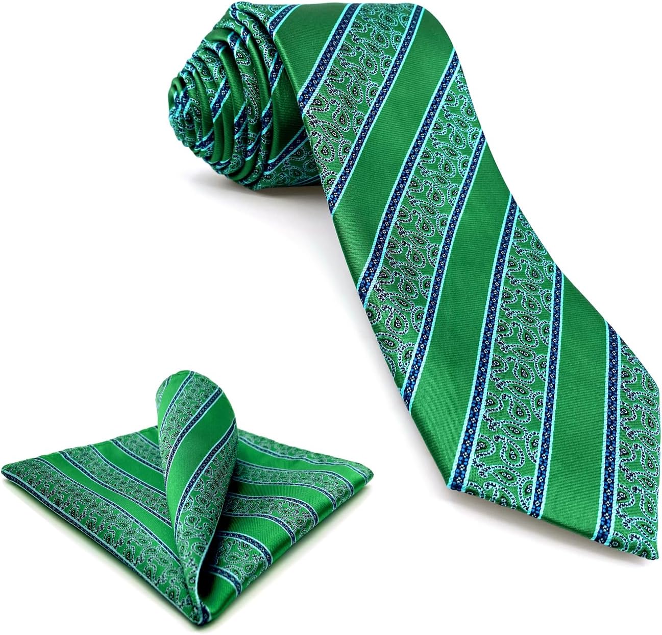 Cravatta Uomo A Righe Verdi E Blu Con Fazzoletto | Microfibra | 147x8cm | Formale Ed Elegante | XL Lunga - Foto 13