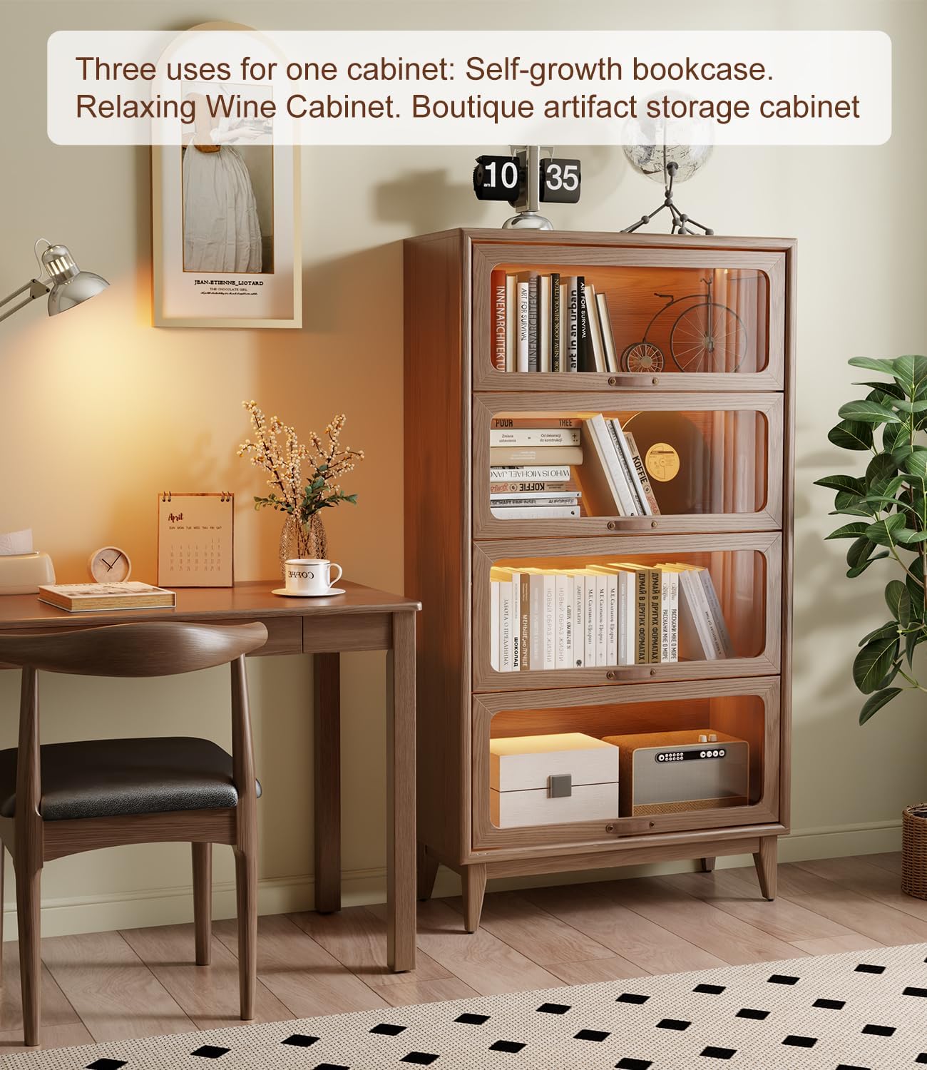 Solid Wood Bookcase 4 Tier Bookshelves with Tempered Glass Flip-Up Doors 60Hx12.5Dx32W" Brown Finish Cube Storage Organizer, Bookshelf Versatile Pantry Cabinet with Storage for Kitchen Home Office