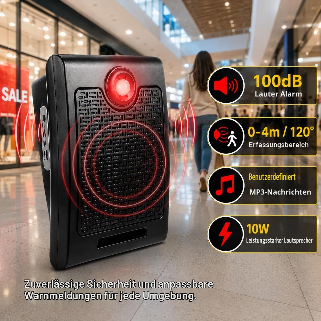 PIR Bewegungsmelder Sprachalarm mit 100dB Lautsprecher, 10W Sprachansage Gerät mit MP3 Wiedergabe, Bewegungsmelder Sprachansage für Geschäft, Lager, Aufzug, Baustelle und Sicherheitswarnung