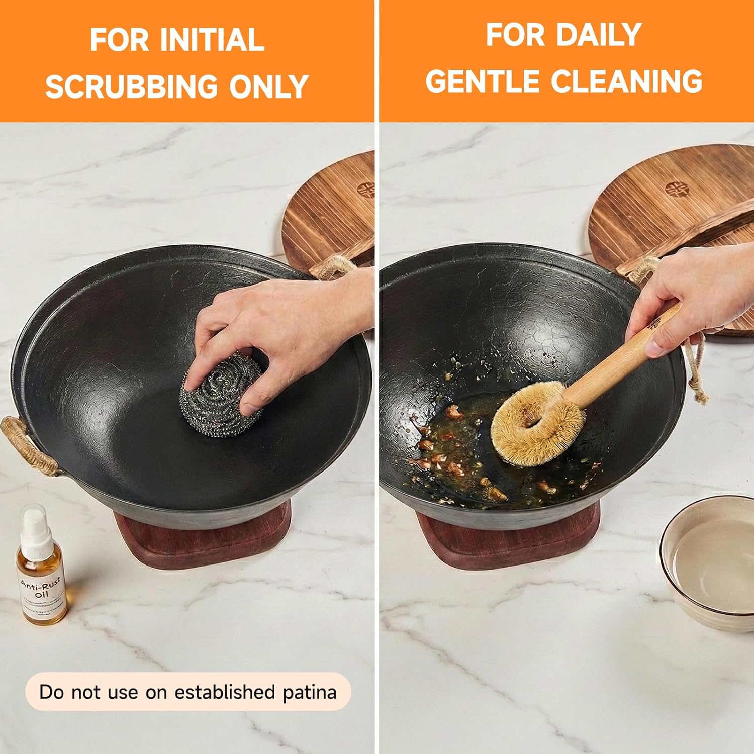 WANGYUANJI 11.8" Round Bottom Cast Iron Wok - Small Traditional Pow Wok for Camping & Open Fire - Gas Stove Compatible (Wok Ring Required) - Uncoated Stir Fry Pan with Cleaning Brush