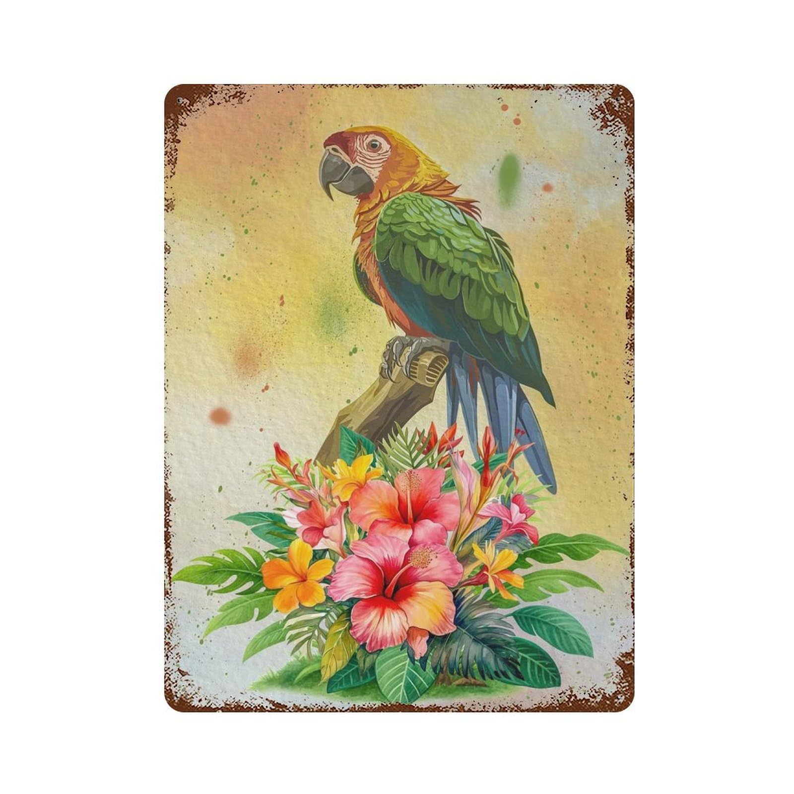 Watercolor Parrot with Tropical Flowers Retro Metal Sign 15.7"x11.8", Ideal for Shed, Workshop And Garage Wall Decor