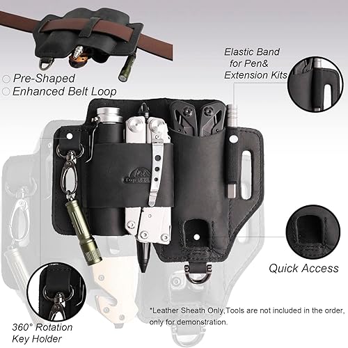 Vista 4 de Topstache - Funda multiherramienta de cuero, organizador de cinturón EDC para el trabajo y uso diario, funda Leatherman, para linterna y Negro 01