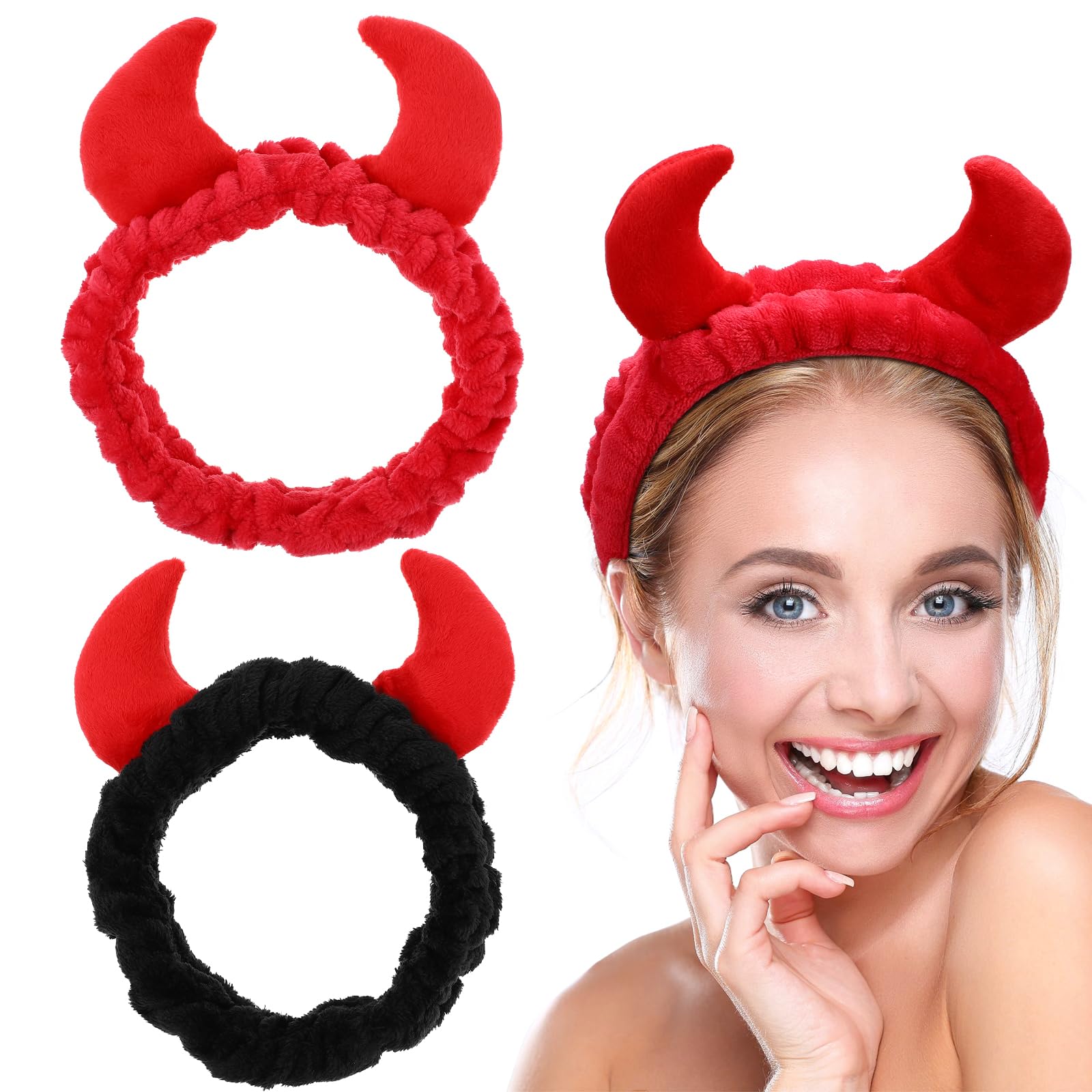 Beaupretty 2 Pack Spa Headband for Women, Devil Horns Facial Headband for Face Wash & Makeup, Soft Hair Band (Black, Red)