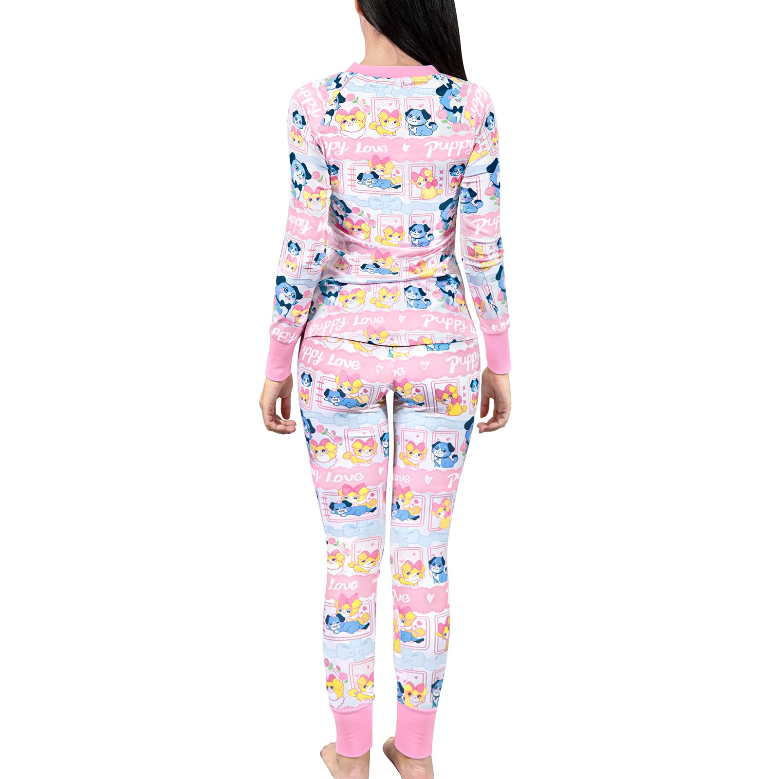 LittleForBig Conjunto de pijama de dos piezas para mujer, de manga larga, suave, transpirable, con texto en inglés "Puppy Love Little Blue"
