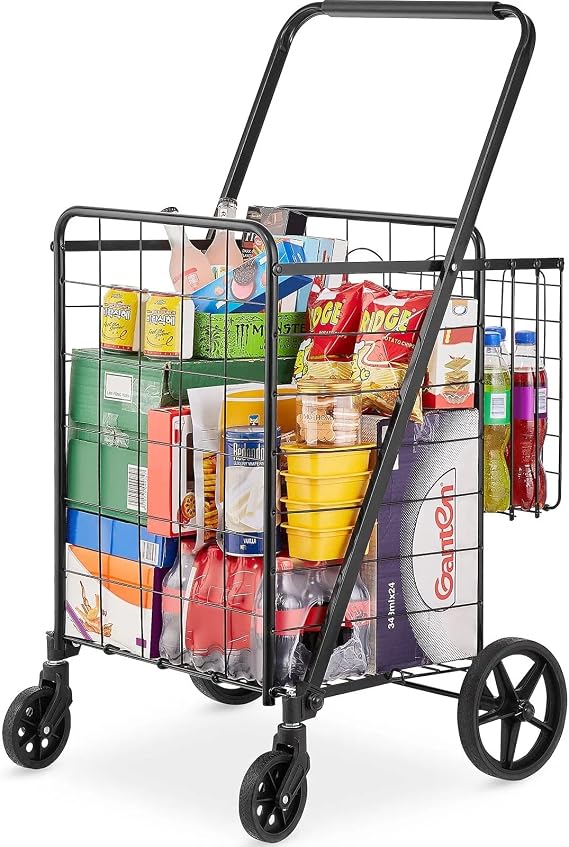 Folding Shopping Cart, Jumbo Grocery Cart with Double Baskets, 360 Swivel Wheels, Heavy Duty Utility Cart, 110 LBS Large Capacity Utility Cart for Laundry, Shopping, Grocery, Luggage