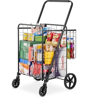 Folding Shopping Cart, Jumbo Grocery Cart with Double Baskets, 360 Swivel Wheels, Heavy Duty Utility Cart, 110 LBS Large Capacity Utility Cart for Laundry, Shopping, Grocery, Luggage