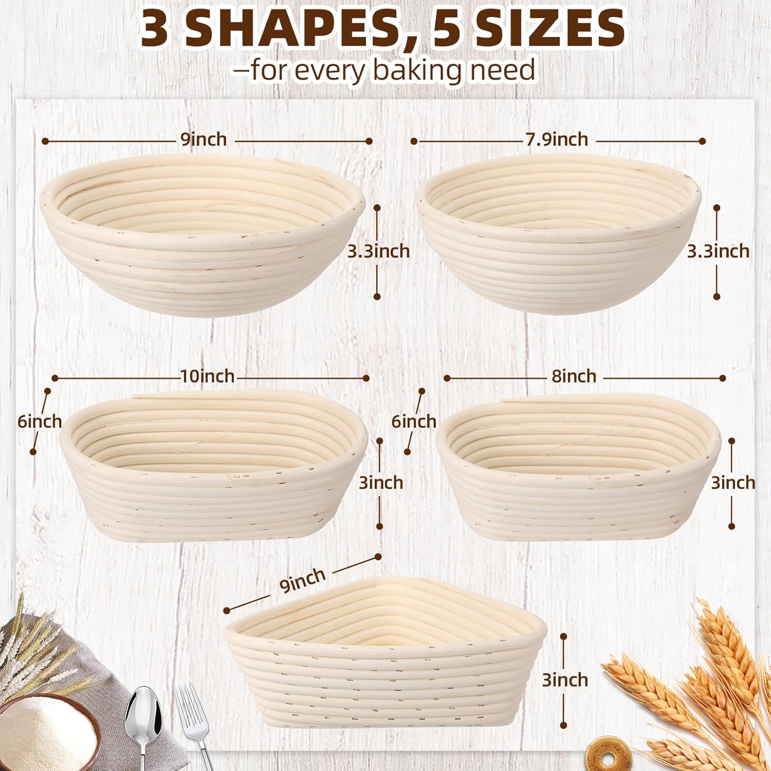 5 Pack Bread Proofing Baskets Set 9, 7.8 Round, 10, 8 Oval and 9 Triangle Rattan Bannetons Sourdough Proofing Basket and Liners Baking Supplies for Home Bakers
