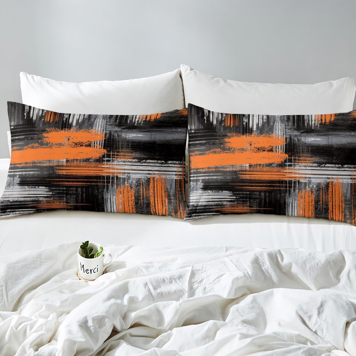 Abstract Orange and Black Sheets with Deep Pocket Fitted Sheet King, Abstract Graffiti Art Bed Sheets Set Geometric Artistic Smear Sheet Set for Boys Girls Grunge Orange Ombre Bedding Set King Size