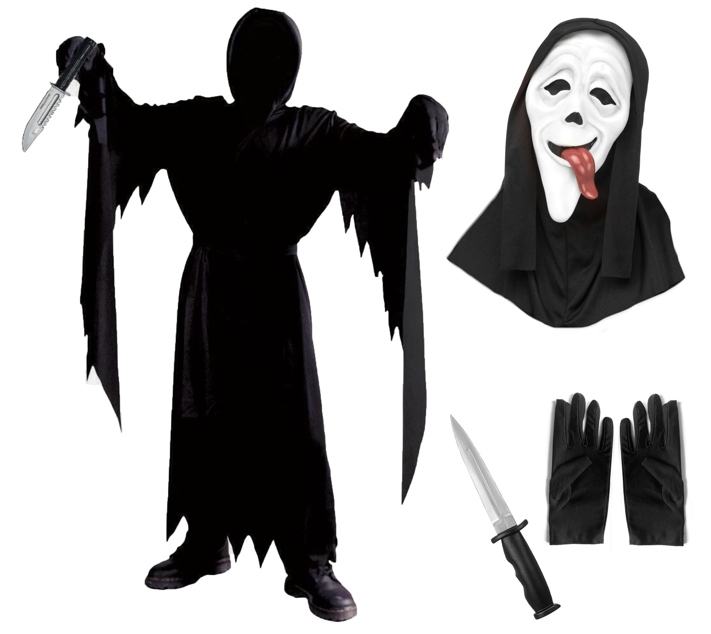 Adult Scary Movie Ghost Costume Black Scream Halloween Fancy Dress Outfit (Robe, Mask With Tongue, Gloves & Knife) - One Size