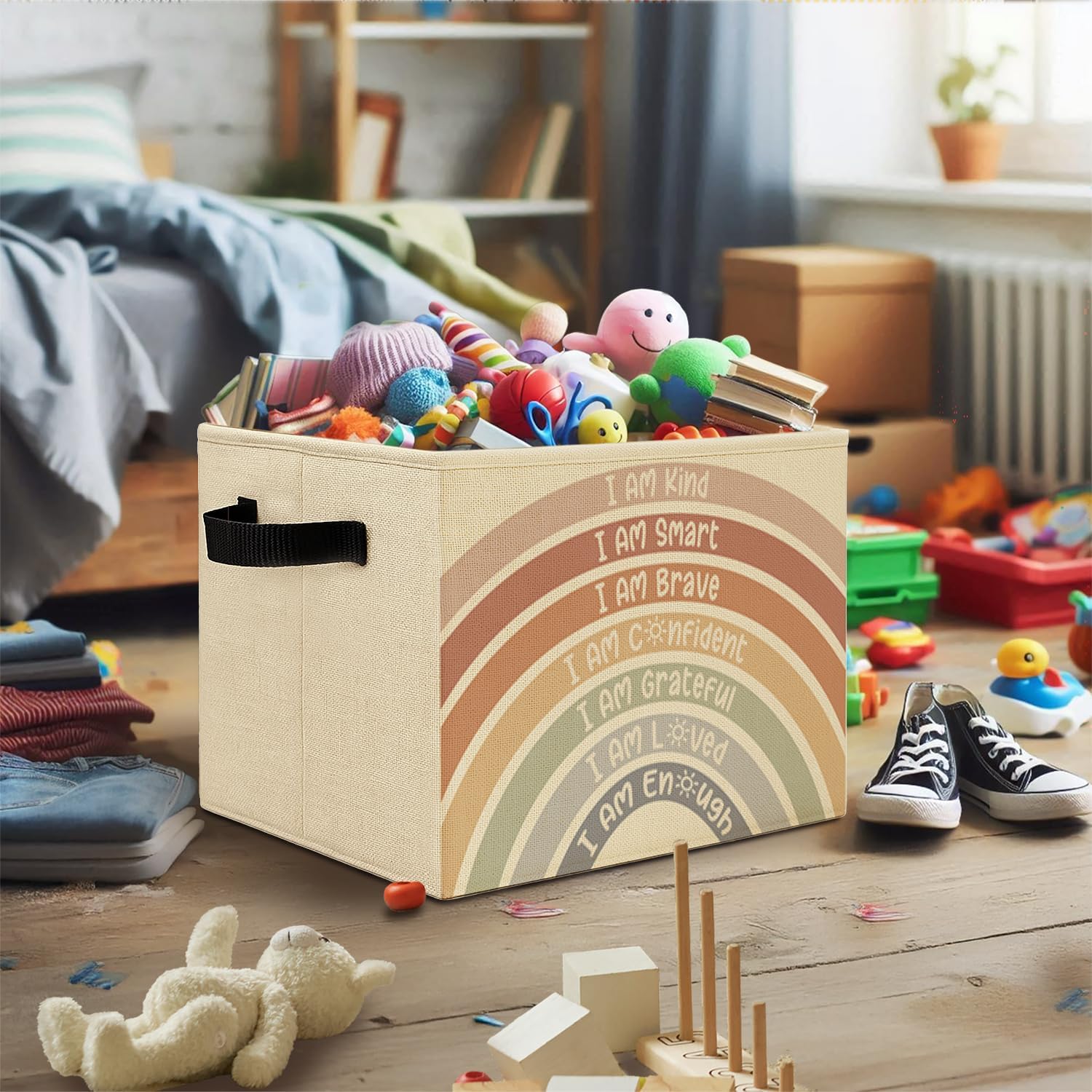 Boho Rainbow Nursery Storage Bins,I Am Kind Positive Affirmations Collapsible Storage Basket Organizer for Kids Room Nursery Playroom Classroom Clothes Toys Books, Toybox for Girls Boys