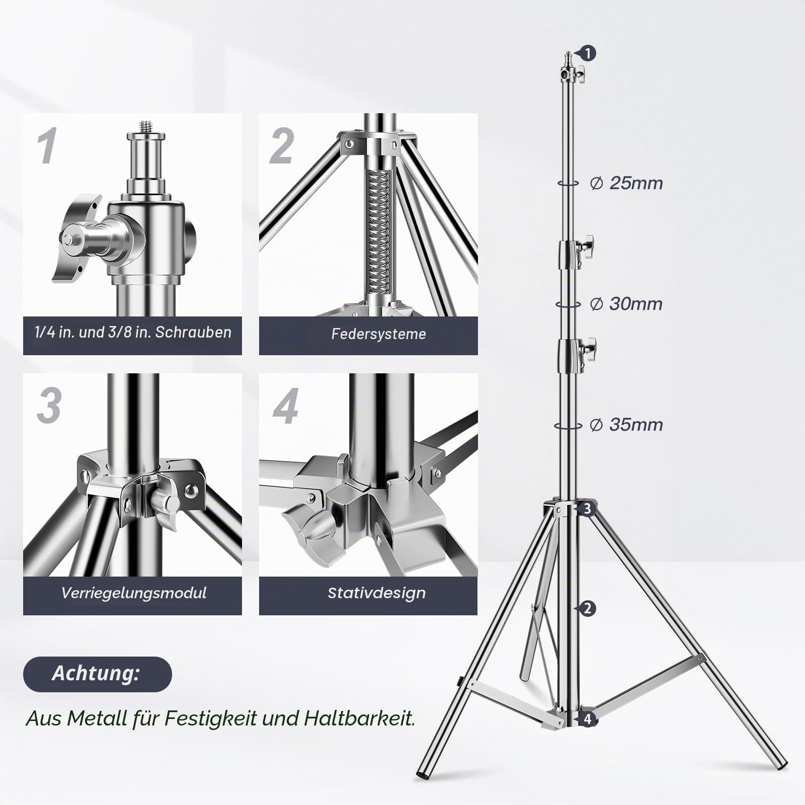 2,8 m Edelstahl-Lichtständer, robustes Fotografie-Stativ | Federgepolsterter Fotoständer mit 1/4 Zoll auf 3/8 Zoll Schraubadapter für Studio-Stroboskop, LED-Videoleuchte, Softbox