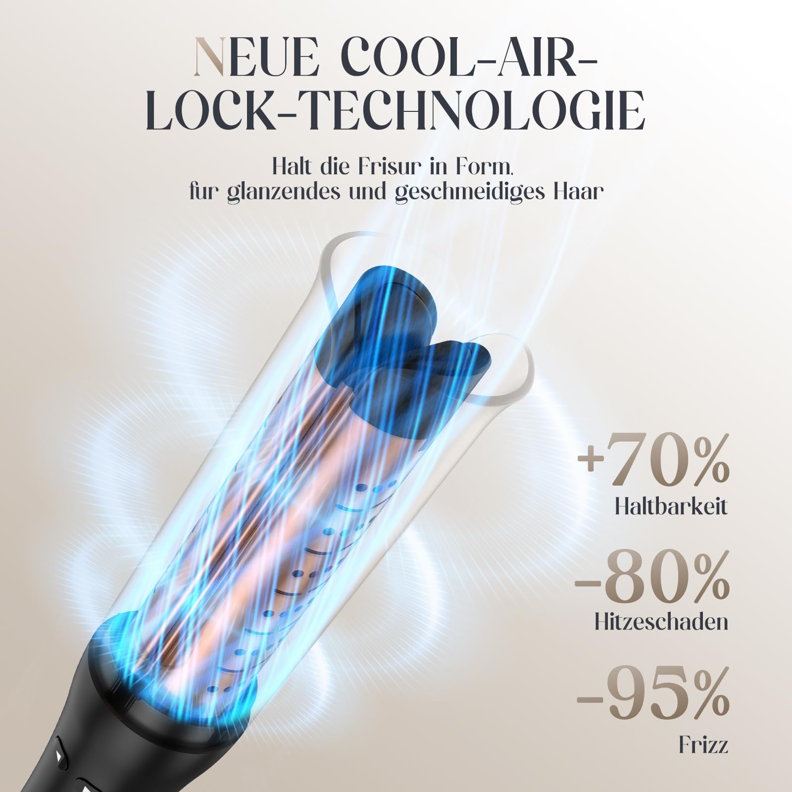 Kaltluft Lockenstab Automatisch – 32mm Beach Waves Curler, 4 Temperaturstufen (150–230°C), Anti-Verbrennungs, Automatischer Rotierender Lockenstab für Große & Kleine Locken, Roségold