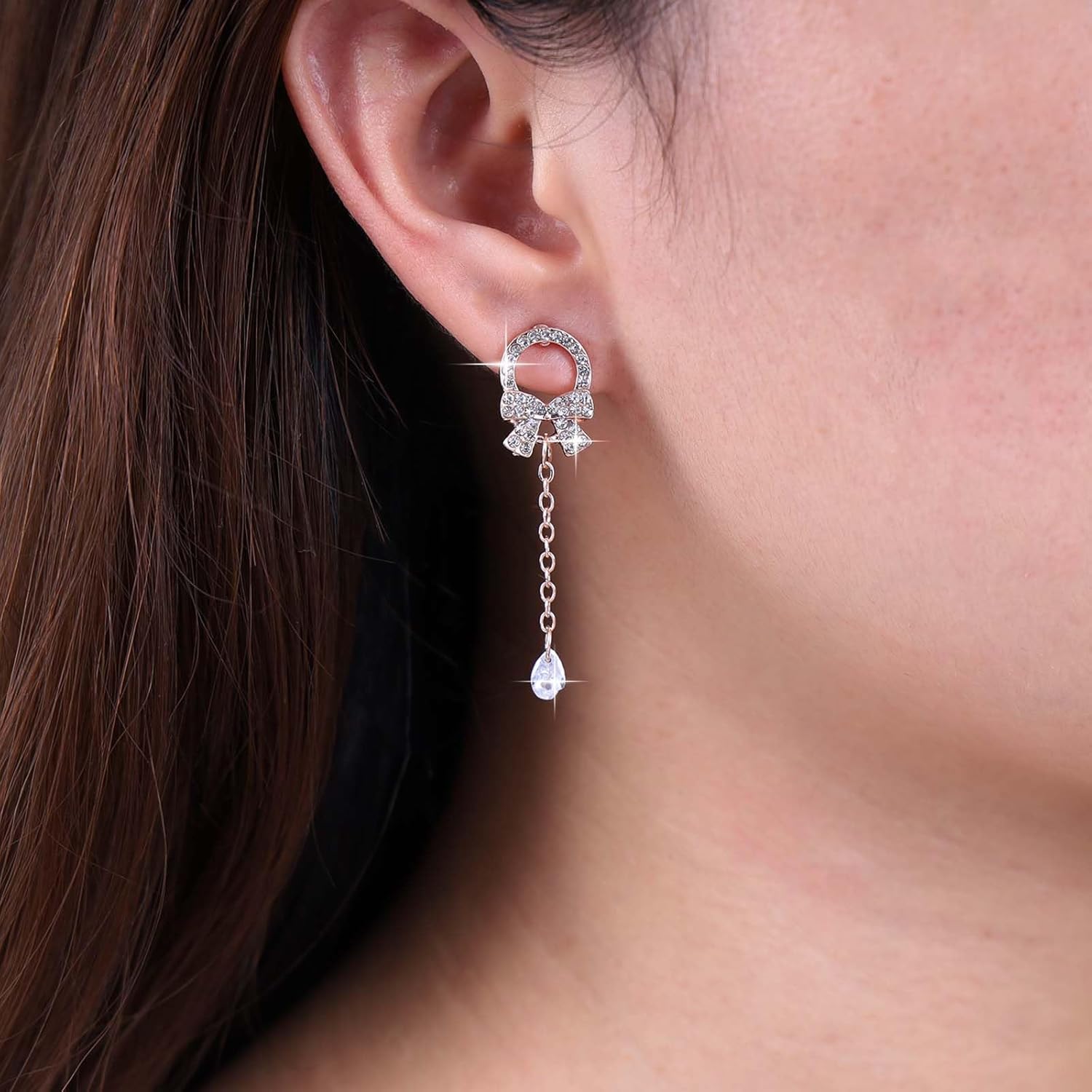 Vintage Crystal Bow Dangle Earrings Long Crystal Teardrop Earrings Gold Cz Circle Stud Earrings Rhinestone Bow Drop Earrings Jewelry for Women - Image 2